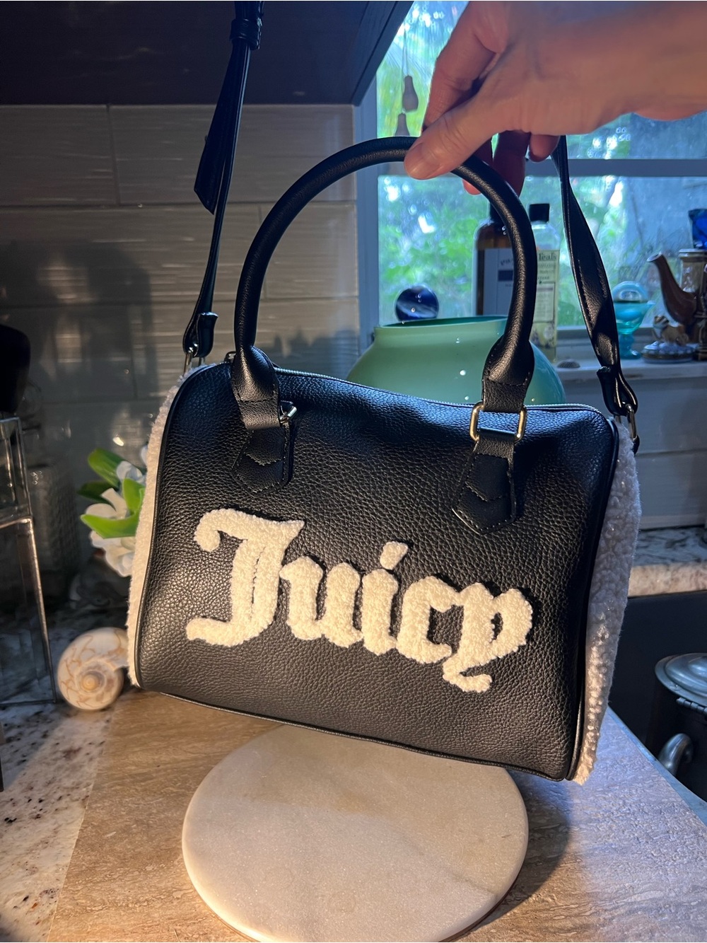 Juicy Couture Flashback Black Satchel with White Shearling Logo NWOT